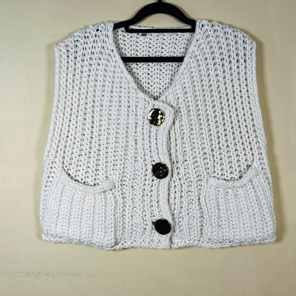 Sleeveless Cropped Chunky Knit Sweater S Gold Button Front Shabby Chic Bohemian - Picture 2 of 9